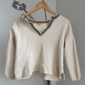 Madewell Cream V-Neck Sweater with Olive-Trim Stripes